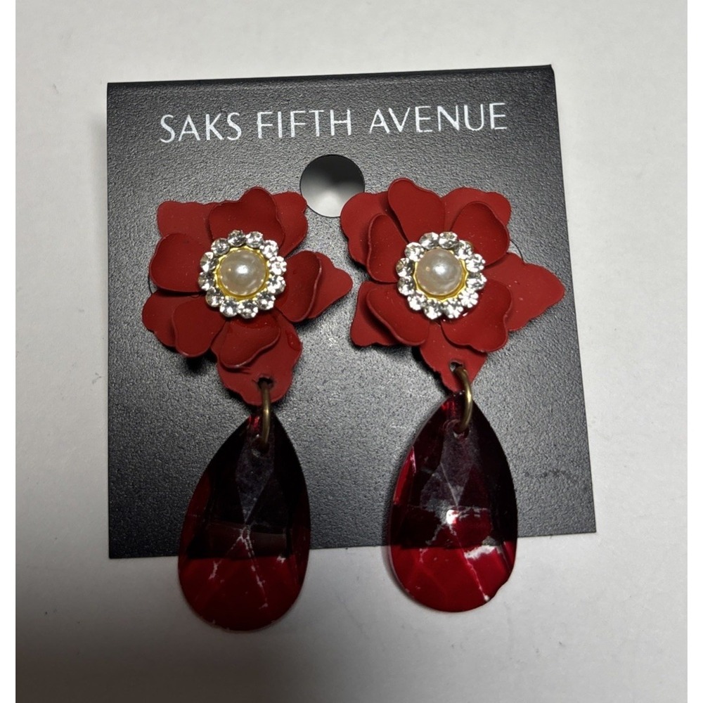 NWT Saks Fifth Avenue Red Flower Teardrop Earrings Pearl Rhinestone Statement